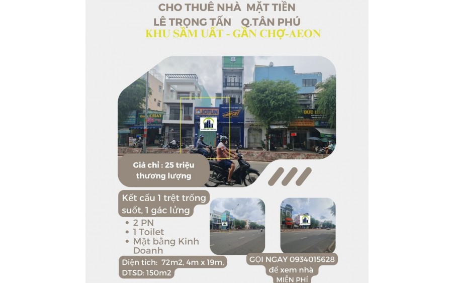 Cho thuê nhà mặt tiền Lê Trọng Tấn 72m2, 25Triệu- NGAY CHỢ SƠN KỲ